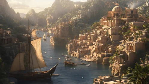 Sunlit fantasy harbor city with domed sandstone palaces.