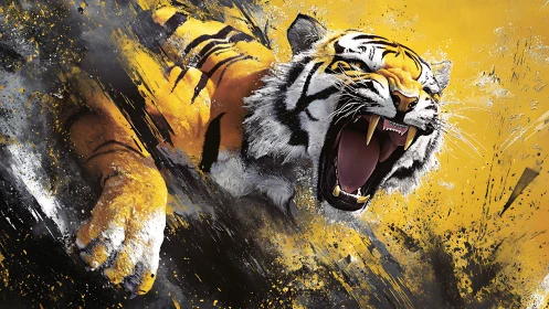 Tiger head in mid-roar amid abstract yellow paint field.