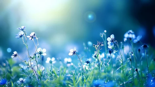 Blue wildflowers in soft morning light over dewy grass