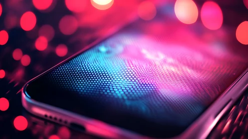 Smartphone display surface shows pixel grid under neon light