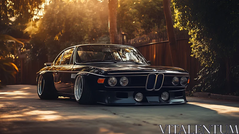 Classic black coupe glowing in soft golden driveway light.