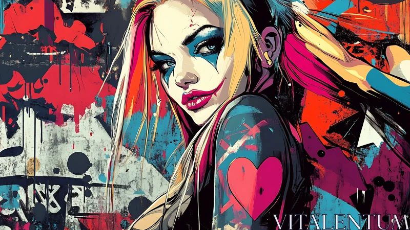 Graffiti-style punk woman with heart tattooed arm portrait.