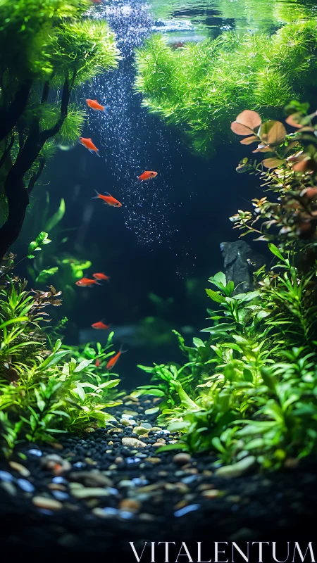 Lush aquascape with red fish gliding through bubbles.