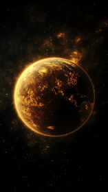 Glowing fiery planet in deep outer space background.