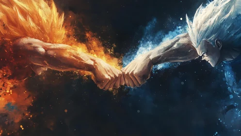 Elemental warriors collide in fiery ice-charged clash.