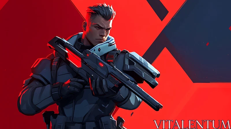 Armored sci fi soldier grips rifle against bold red backdrop