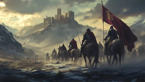 Knights in scarlet cloaks ride toward the storm-crowned citadel.