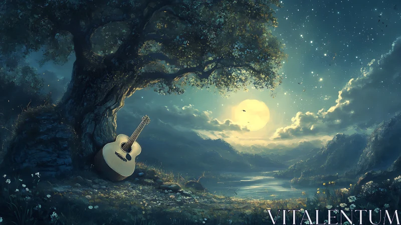 Moonlit guitar rests beneath an ancient tree in dreamy valley