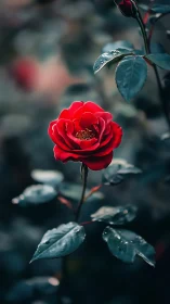 Red rose bloom with water droplets on green foliage