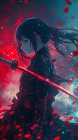 Stoic anime swordswoman holds glowing katana amid red storm