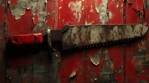 Rust-coated serrated machete on distressed red metal wall.