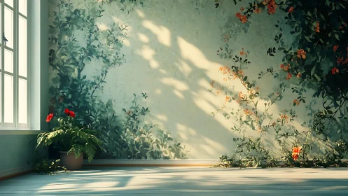 Sunlit room corner with floral mural and red potted plant.