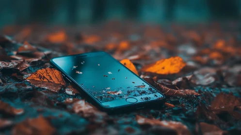 Blue smartphone surrounded by scattered autumn leaves and debris