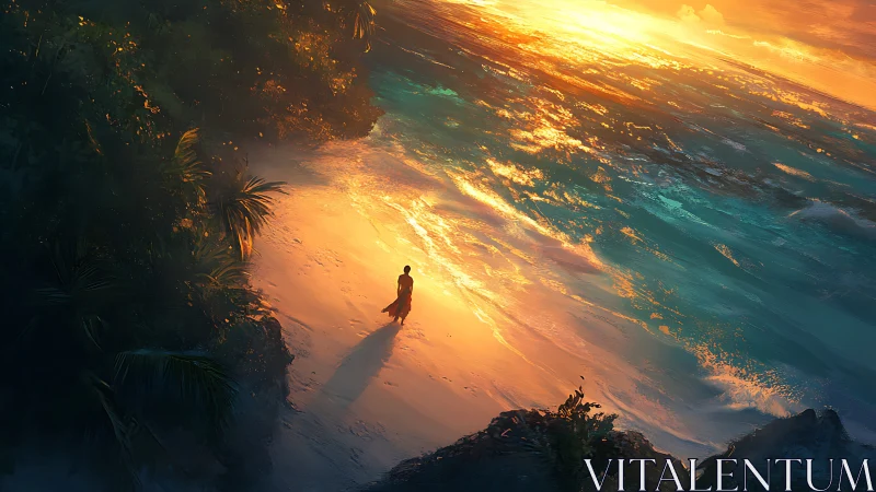 Solitary figure on sunset shoreline rendered in digital painting