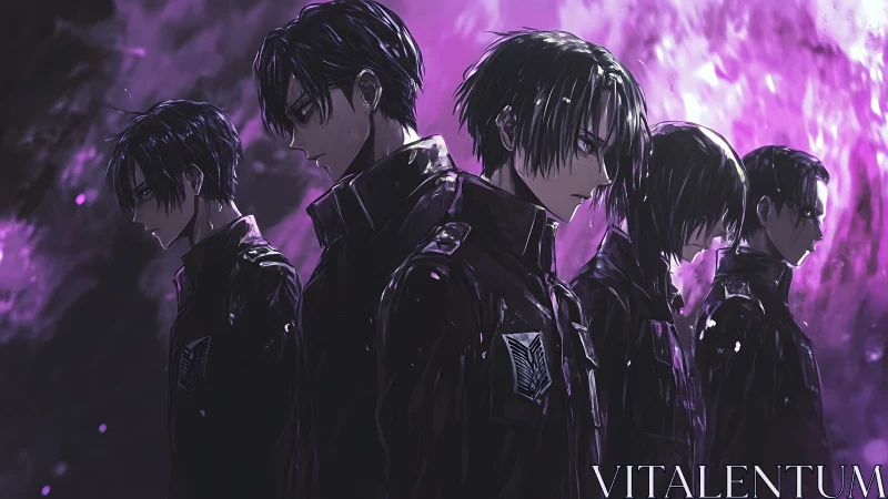 Moody anime lineup under violet backlit atmospheric field.