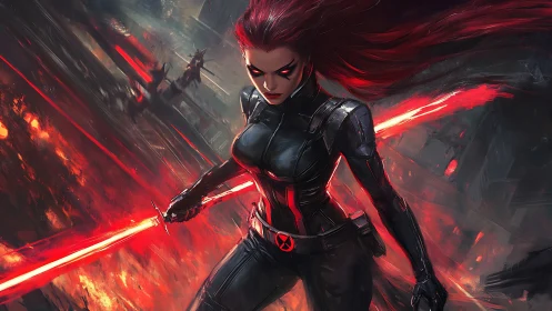 Scarlet-haired cyber warrior wielding twin red blades.