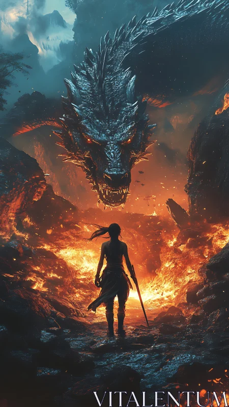 Sword-bearing adventurer confronting volcanic canyon dragon
