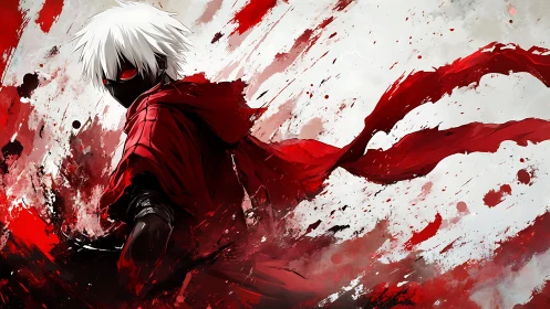 Masked figure in red cloak stands amid dynamic paint streaks