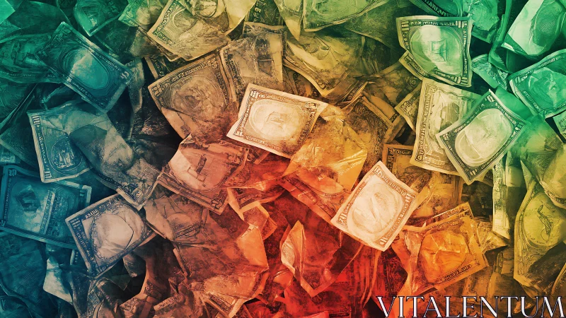 Colorful collage of scattered US dollar banknotes.