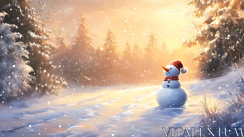 Luminous winter clearing frames snowman under warm backlit snowfall