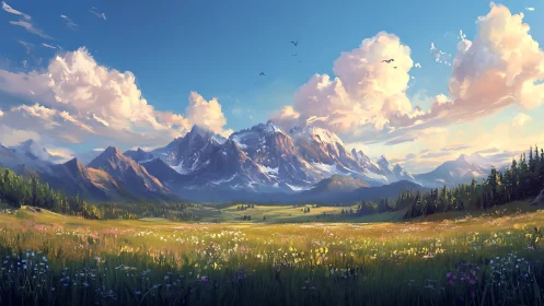 Sunlit alpine meadow stretches before towering peaks.