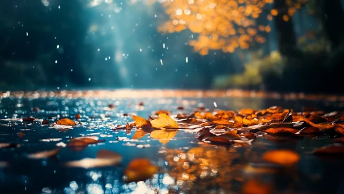 Golden autumn leaves drifting across a rainlit pond.