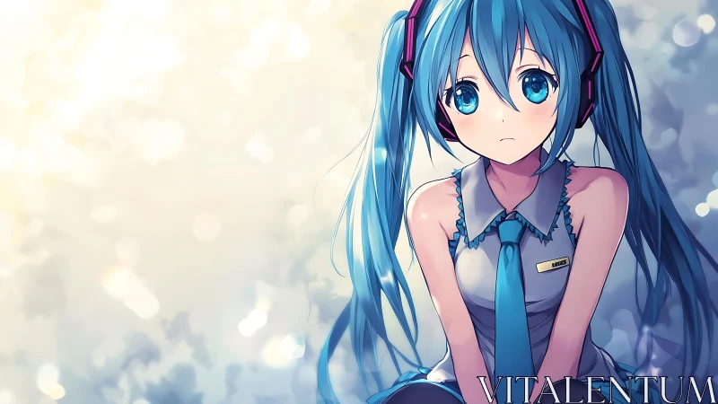 Gentle blue haired anime girl resting in a soft daydream.