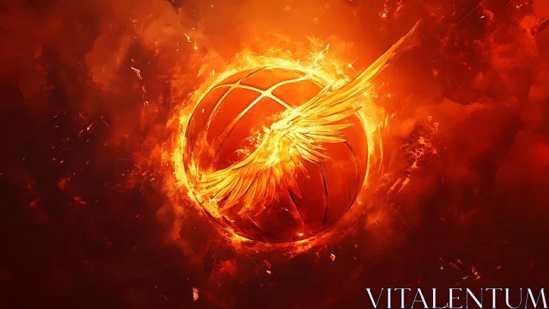 Flaming phoenix basketball blazes through molten twilight skies.