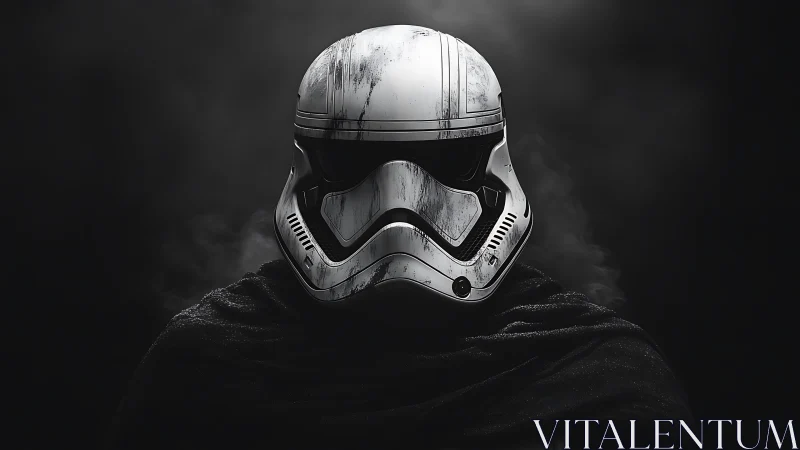 Weathered sci fi helmet portrait set against dark smoke