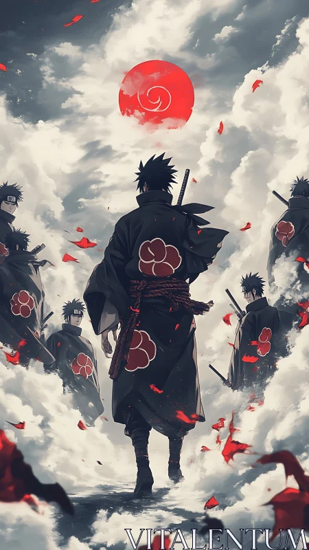 Central cloaked figure advances through clouds under red sun