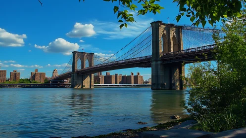 Suspension bridge over river with urban shoreline context.