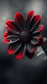 Red and black flower macro against blurred gray background.