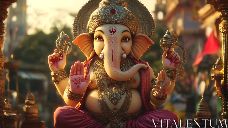 Golden dawn radiance around serene Ganesha idol blessing.