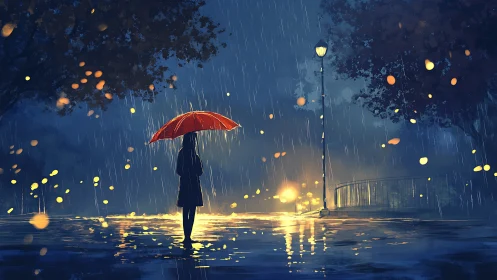 Silhouette with red umbrella under luminous city rain.