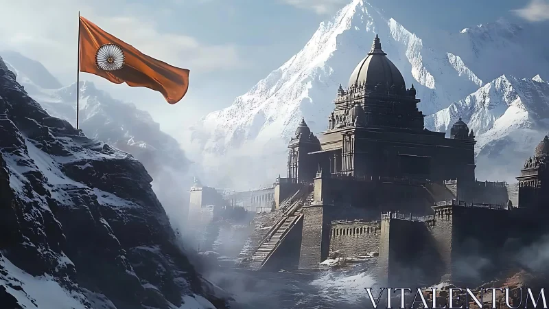 Snowy mountain temple and bold flag in morning light.