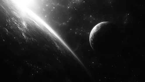 Monochrome rendering depicts two planets in illuminated orbit