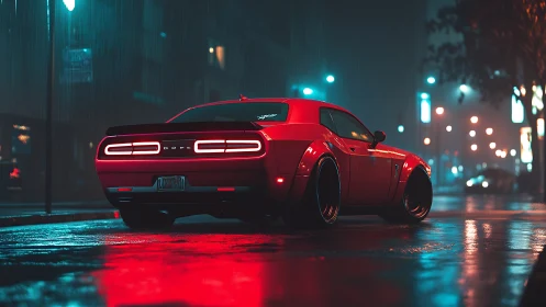 Widebody muscle car in neon lit rain with reflective wet asphalt