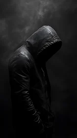 Hooded figure in low key lighting with obscured identity profile.
