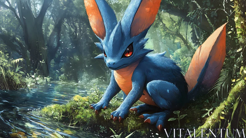 Fantasy blue fox creature beside forest stream at dawn.