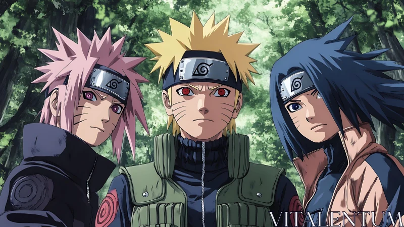 Anime ninja trio stand united in dense emerald forest.