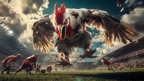 Giant roaring chicken storms chaotic rugby stadium battle.