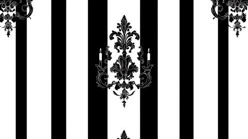 Baroque damask over bold black and white stripe field.