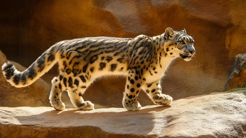Snow leopard walking across sunlit sandstone ledge in profile