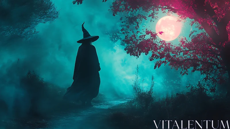 Nocturnal witch silhouette under chromatic lunar haze.
