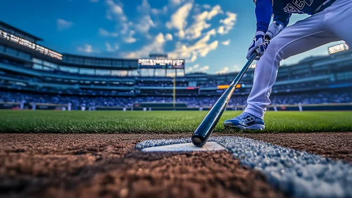Baseball batter prepares to swing over home plate at sunset