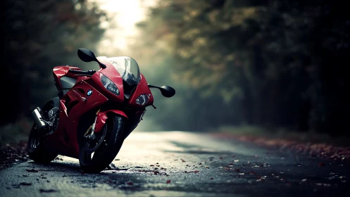 Red superbike on wet forest road at dawn light.