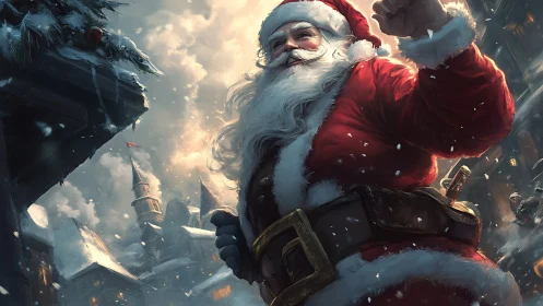 Santa Claus strides through snowy village at dusk.