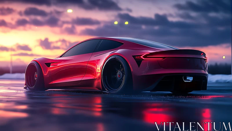 Aerodynamic electric coupe on wet asphalt under sunset gradients.