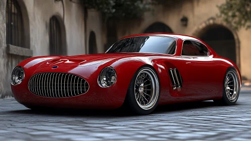 Scarlet street racer purring through sunlit stone alleys.