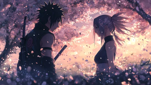 Anime duelists stand beneath sunset sakura canopy in profile